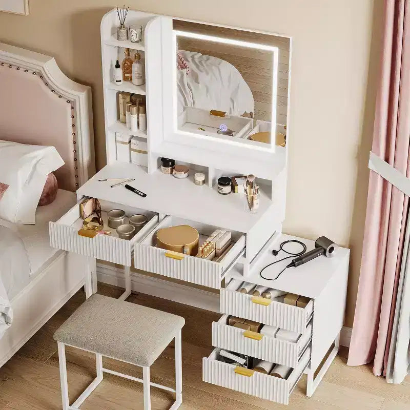 Acekool Schminktisch mit Spiegel und Beleuchtung, 5 Schubladen, abnehmbarer seitlicher Stauraumschrank, Hocker, 3-farbige LED-Beleuchtung, weiß-goldener Schminktisch