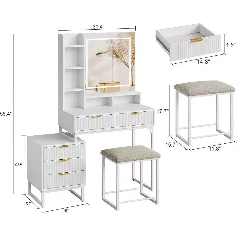 Acekool Schminktisch mit Spiegel und Beleuchtung, 5 Schubladen, abnehmbarer seitlicher Stauraumschrank, Hocker, 3-farbige LED-Beleuchtung, weiß-goldener Schminktisch
