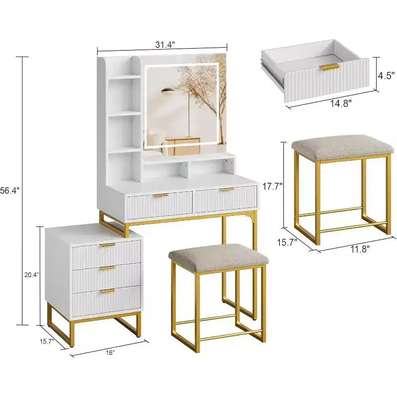 Acekool Schminktisch mit Spiegel und Beleuchtung, 5 Schubladen, abnehmbarer seitlicher Stauraumschrank, Hocker, 3-farbige LED-Beleuchtung, weiß-goldener Schminktisch