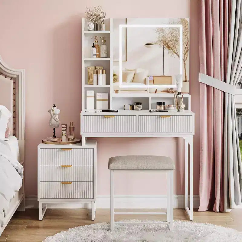 Tocador Acekool con espejo y luces, 5 cajones, gabinete lateral de almacenamiento extraíble, taburete, LED de 3 colores, mesa de maquillaje, blanco y dorado