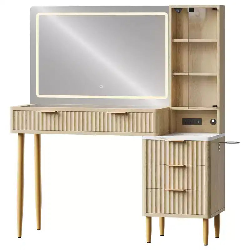 Particle Board LED Dressing Table with Wave Pattern, Durable MDF, Modern Design, Built-In LED Lighting, Spacious Storage
