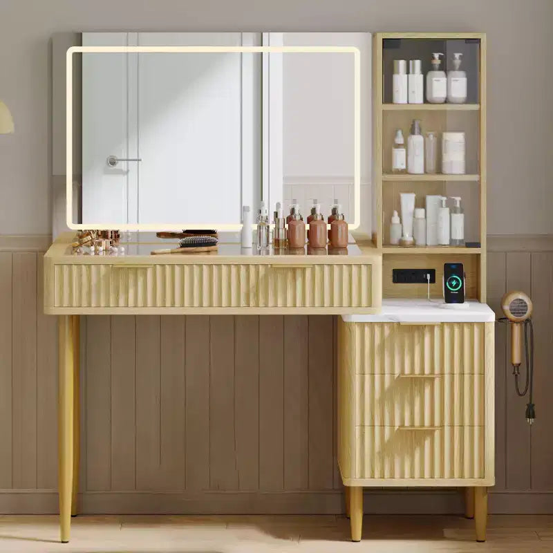 LED-Frisiertisch aus Spanplatte mit Wellenmuster, strapazierfähigem MDF, modernem Design, integrierter LED-Beleuchtung und großzügigem Stauraum