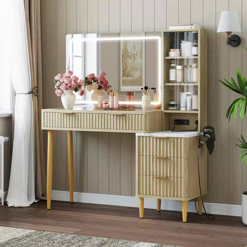 LED-Frisiertisch aus Spanplatte mit Wellenmuster, strapazierfähigem MDF, modernem Design, integrierter LED-Beleuchtung und großzügigem Stauraum