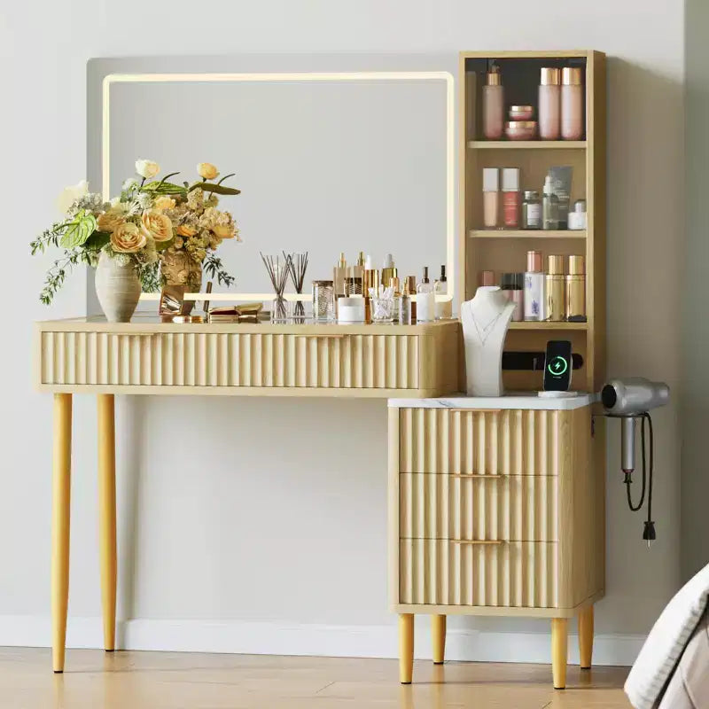 LED-Frisiertisch aus Spanplatte mit Wellenmuster, strapazierfähigem MDF, modernem Design, integrierter LED-Beleuchtung und großzügigem Stauraum