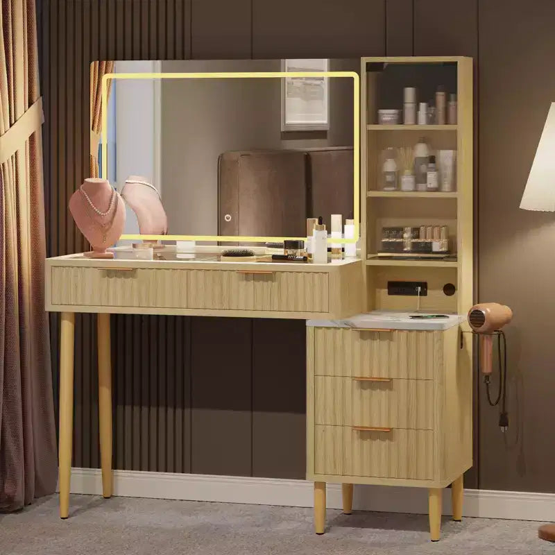 LED-Frisiertisch aus Spanplatte mit Wellenmuster, strapazierfähigem MDF, modernem Design, integrierter LED-Beleuchtung und großzügigem Stauraum
