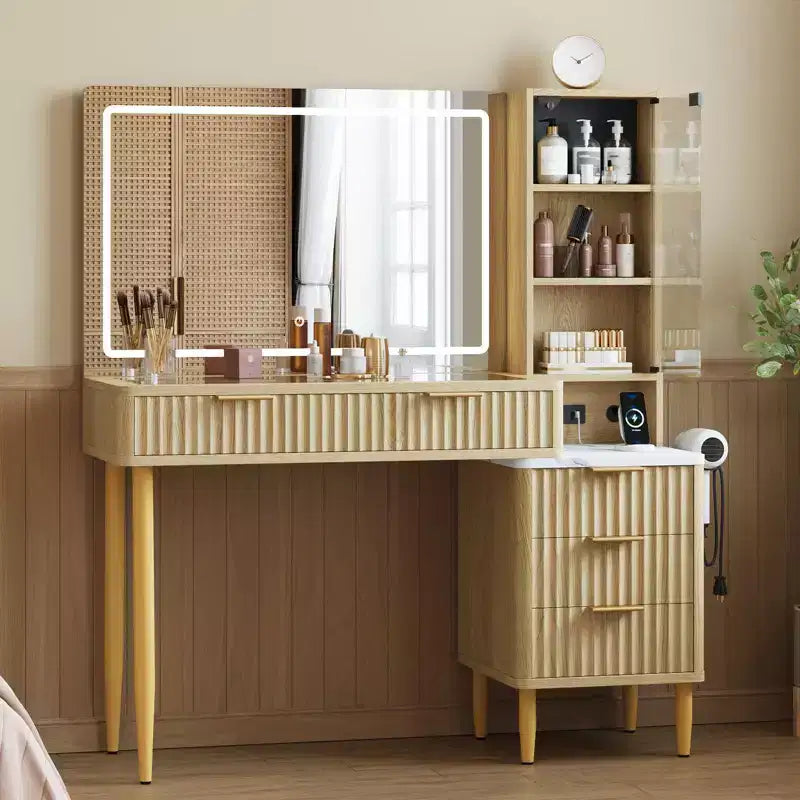 LED-Frisiertisch aus Spanplatte mit Wellenmuster, strapazierfähigem MDF, modernem Design, integrierter LED-Beleuchtung und großzügigem Stauraum