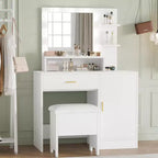 Vanity Desk with Mirror, Makeup Vanity Desk with Large Drawers, Dressing Table with Three Level Storage & Tiers of Open Shelves for Bedroom, White