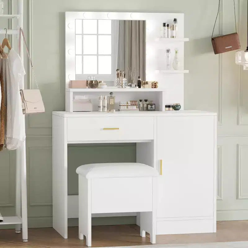 Vanity Desk with Mirror, Makeup Vanity Desk with Large Drawers, Dressing Table with Three Level Storage & Tiers of Open Shelves for Bedroom, White