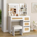 Mirror Dressing Table with Particle Board, Rattan Weave Surface, White