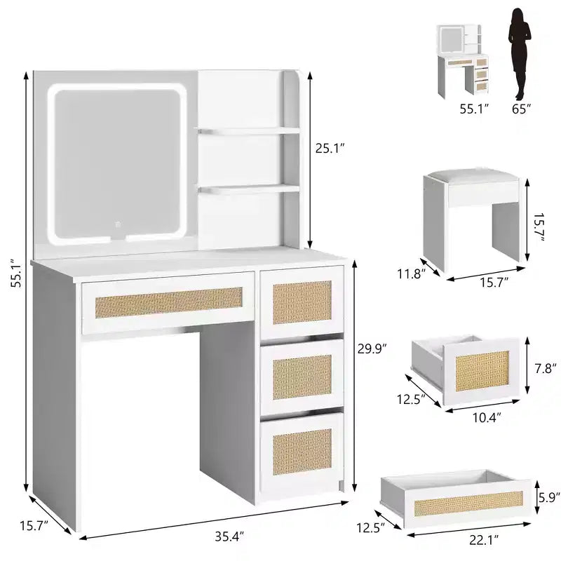 Tavolo da toeletta con specchio in pannello truciolare, superficie intrecciata effetto rattan, bianco