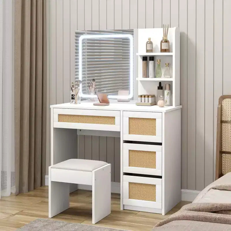 Tavolo da toeletta con specchio in pannello truciolare, superficie intrecciata effetto rattan, bianco