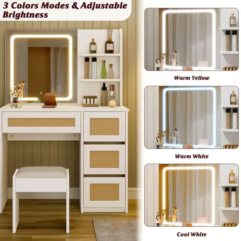Tavolo da toeletta con specchio in pannello truciolare, superficie intrecciata effetto rattan, bianco