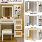 Tavolo da toeletta con specchio in pannello truciolare, superficie intrecciata effetto rattan, bianco