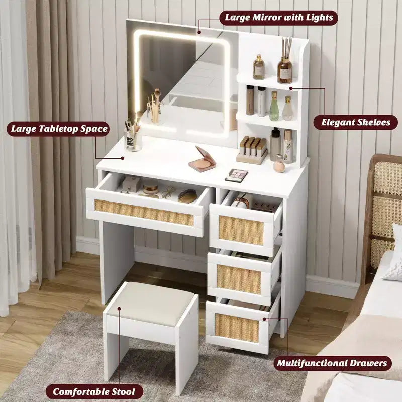 Tavolo da toeletta con specchio in pannello truciolare, superficie intrecciata effetto rattan, bianco