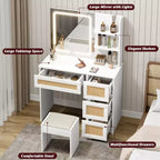 Tavolo da toeletta con specchio in pannello truciolare, superficie intrecciata effetto rattan, bianco