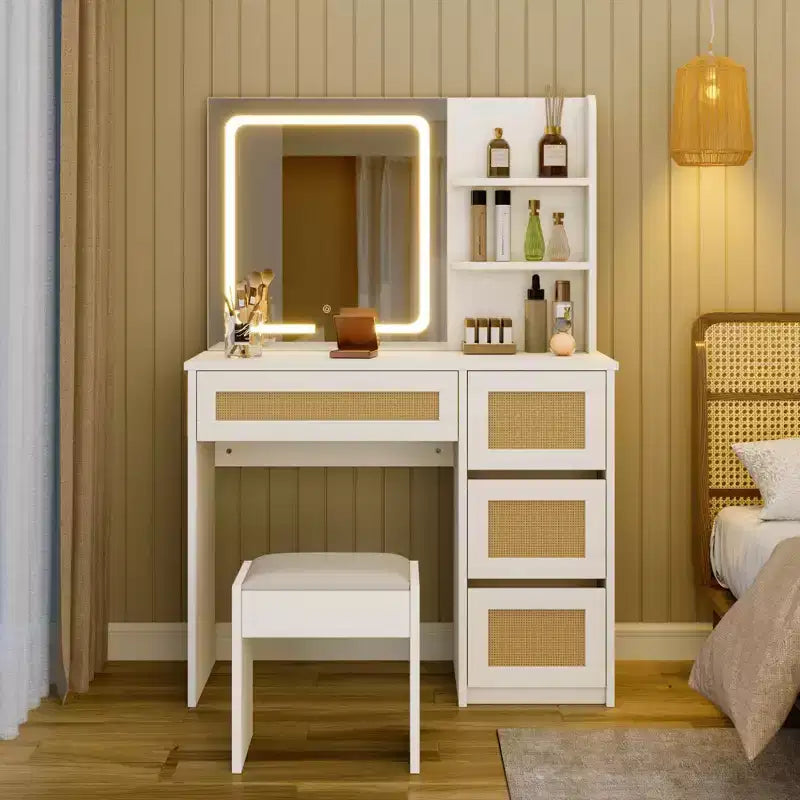 Tavolo da toeletta con specchio in pannello truciolare, superficie intrecciata effetto rattan, bianco