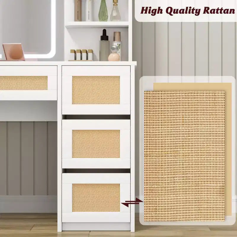 Tavolo da toeletta con specchio in pannello truciolare, superficie intrecciata effetto rattan, bianco