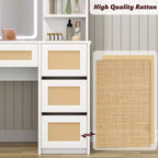 Tavolo da toeletta con specchio in pannello truciolare, superficie intrecciata effetto rattan, bianco