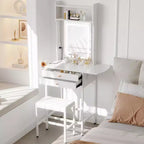 Small Makeup Vanity Desk Set with Mirror,Mini Makeup Vanity with Adjustable Lighted,2 Drawers,Hair Dryer Holder,Fold-Up Panel,Compact Makeup