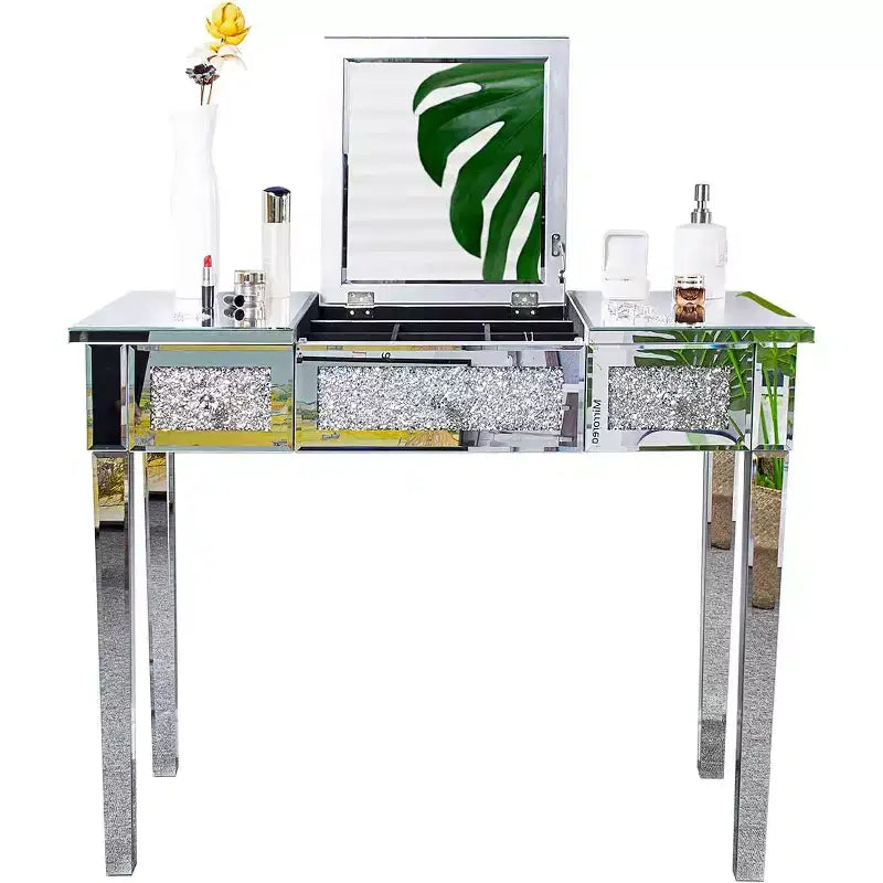 VINGLI Mirrored Vanity Desk With Drawers and Flip Mirror, Glass Table, Silver Makeup Desk for Bedroom/Makeup Room