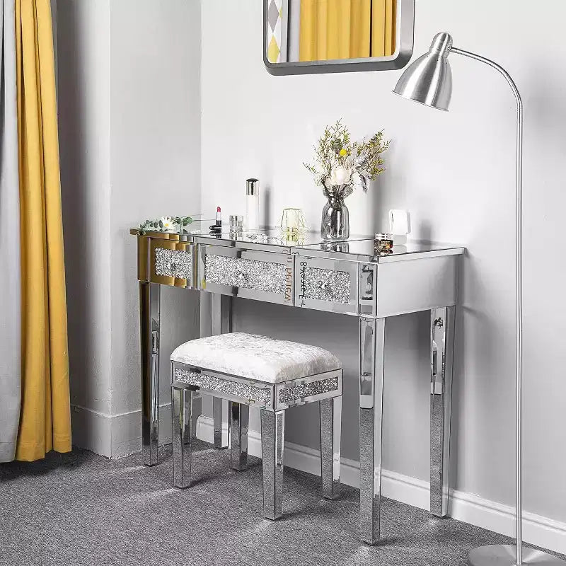 Tocador VINGLI con espejo, cajones y espejo abatible, mesa de vidrio, tocador de maquillaje plateado para dormitorio o sala de maquillaje