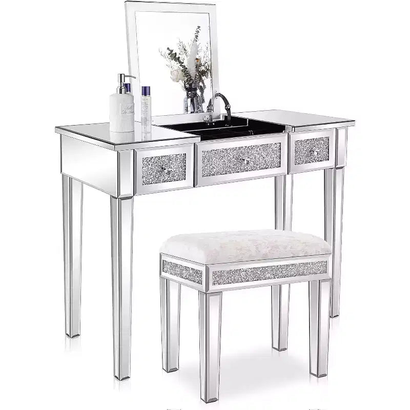 Tocador VINGLI con espejo, cajones y espejo abatible, mesa de vidrio, tocador de maquillaje plateado para dormitorio o sala de maquillaje