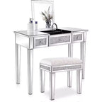 Tocador VINGLI con espejo, cajones y espejo abatible, mesa de vidrio, tocador de maquillaje plateado para dormitorio o sala de maquillaje