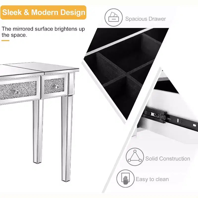 Tocador VINGLI con espejo, cajones y espejo abatible, mesa de vidrio, tocador de maquillaje plateado para dormitorio o sala de maquillaje