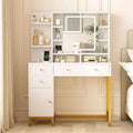 Makeup Vanity Desk with Mirror and Lights, 25.6 HD Lighted Mirror Dressing Table with 3 Drawers, 8 Shelves, for Bedroom Dressing Room- White