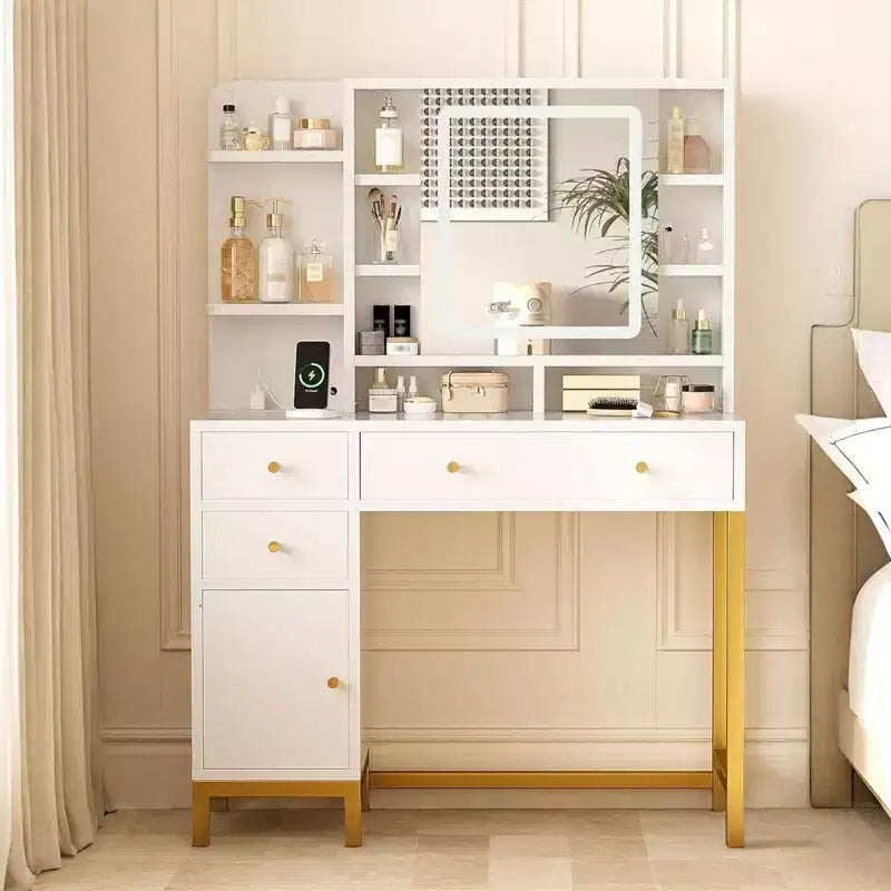 Makeup Vanity Desk with Mirror and Lights, 25.6 HD Lighted Mirror Dressing Table with 3 Drawers, 8 Shelves, for Bedroom Dressing Room- White