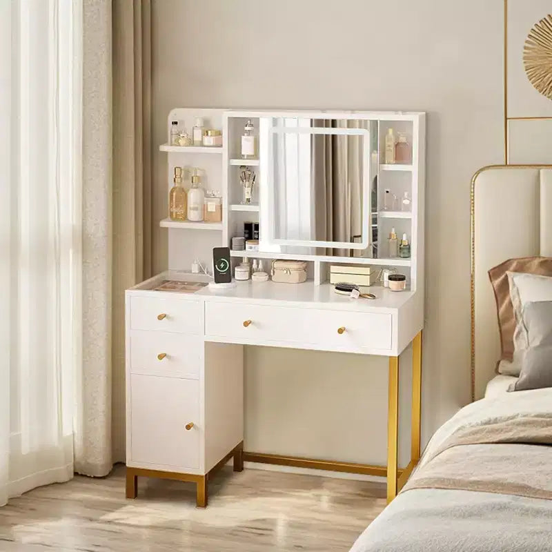 Escritorio tocador de maquillaje con espejo y luces, mesa tocador con espejo iluminado HD de 25.6, 3 cajones y 8 estantes, para dormitorio y vestidor; blanco