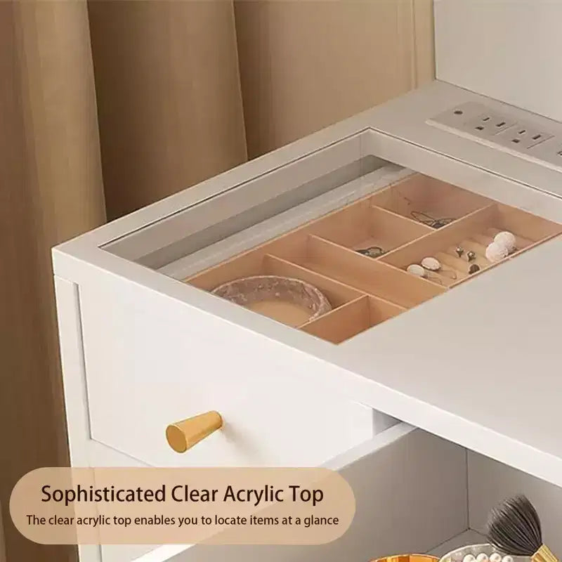 Escritorio tocador de maquillaje con espejo y luces, mesa tocador con espejo iluminado HD de 25.6, 3 cajones y 8 estantes, para dormitorio y vestidor; blanco