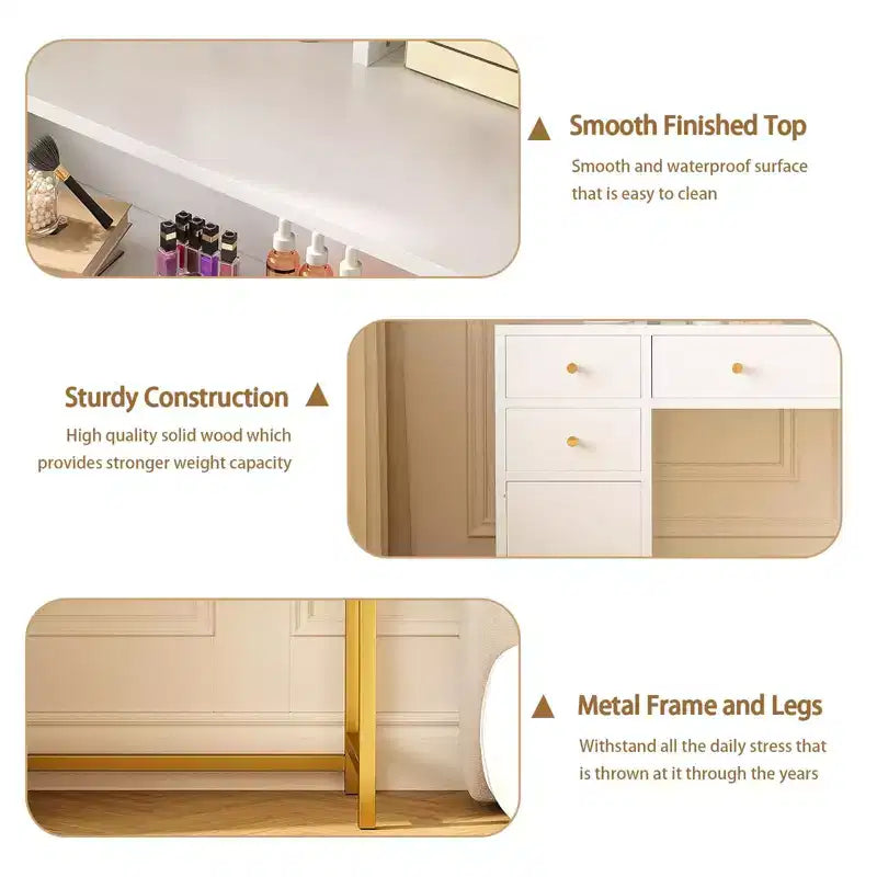 Escritorio tocador de maquillaje con espejo y luces, mesa tocador con espejo iluminado HD de 25.6, 3 cajones y 8 estantes, para dormitorio y vestidor; blanco
