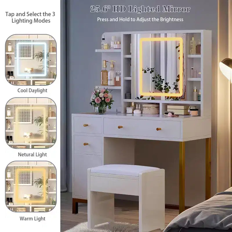 Escritorio tocador de maquillaje con espejo y luces, mesa tocador con espejo iluminado HD de 25.6, 3 cajones y 8 estantes, para dormitorio y vestidor; blanco