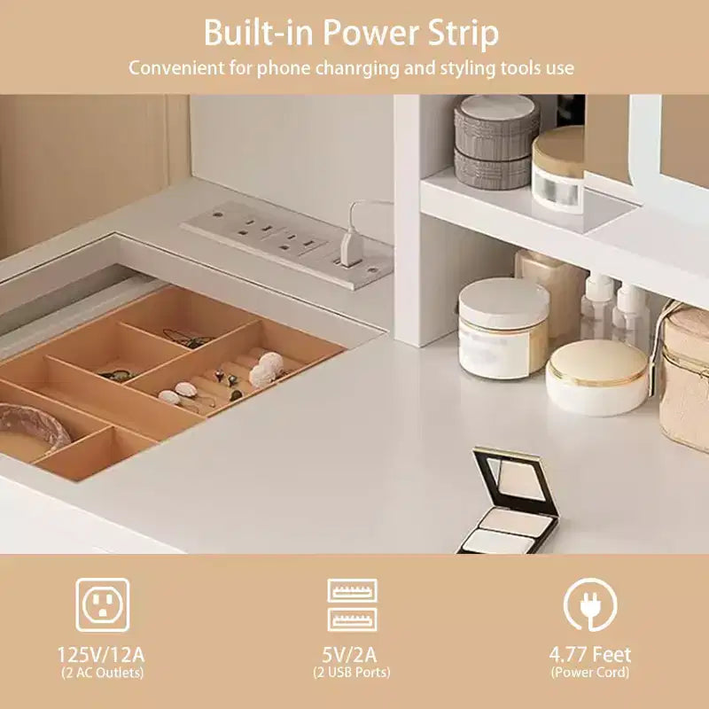 Escritorio tocador de maquillaje con espejo y luces, mesa tocador con espejo iluminado HD de 25.6, 3 cajones y 8 estantes, para dormitorio y vestidor; blanco
