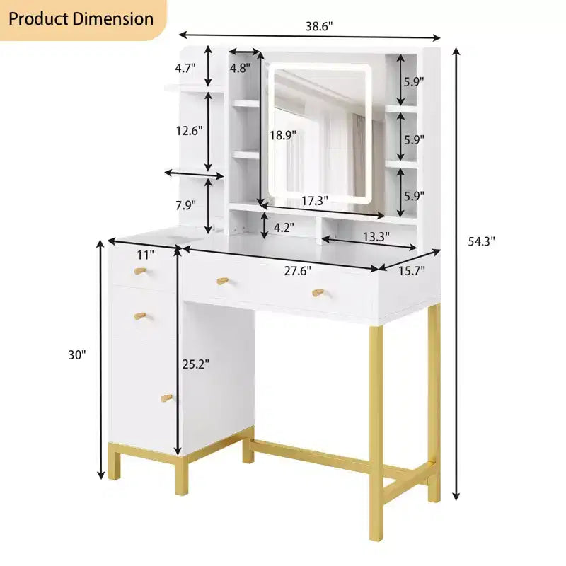 Escritorio tocador de maquillaje con espejo y luces, mesa tocador con espejo iluminado HD de 25.6, 3 cajones y 8 estantes, para dormitorio y vestidor; blanco
