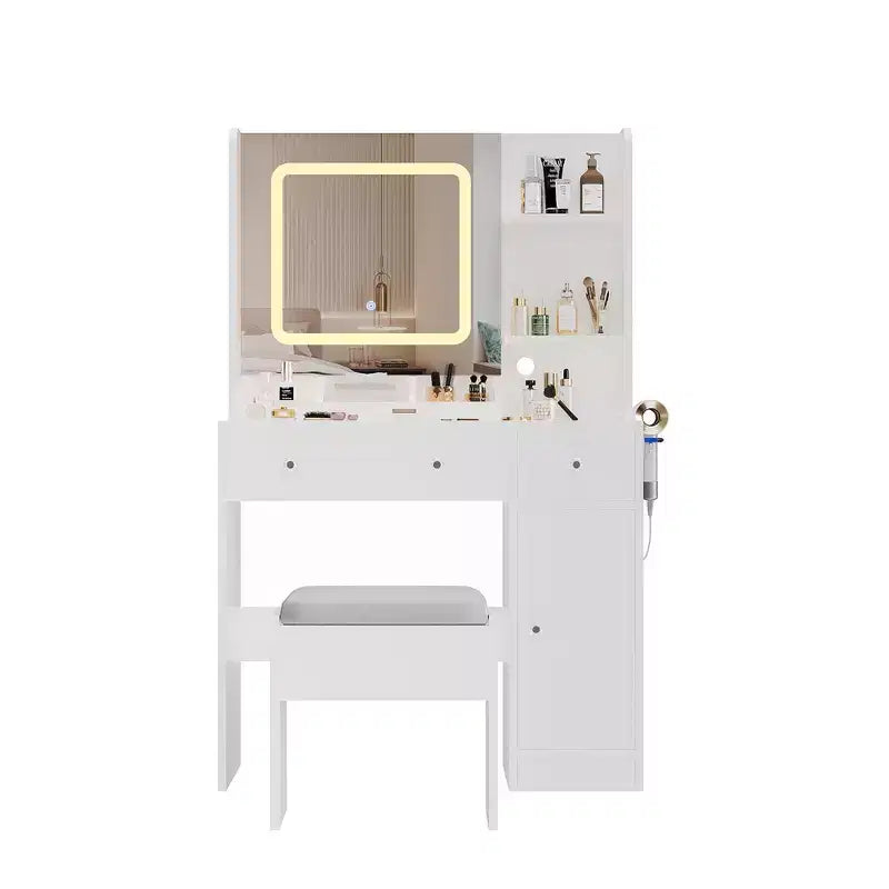 Vanity Desk and Stool with Mirror and LightsMakeup Vanity with Charging Station, Drawers, Storage Shelves for Bedroom