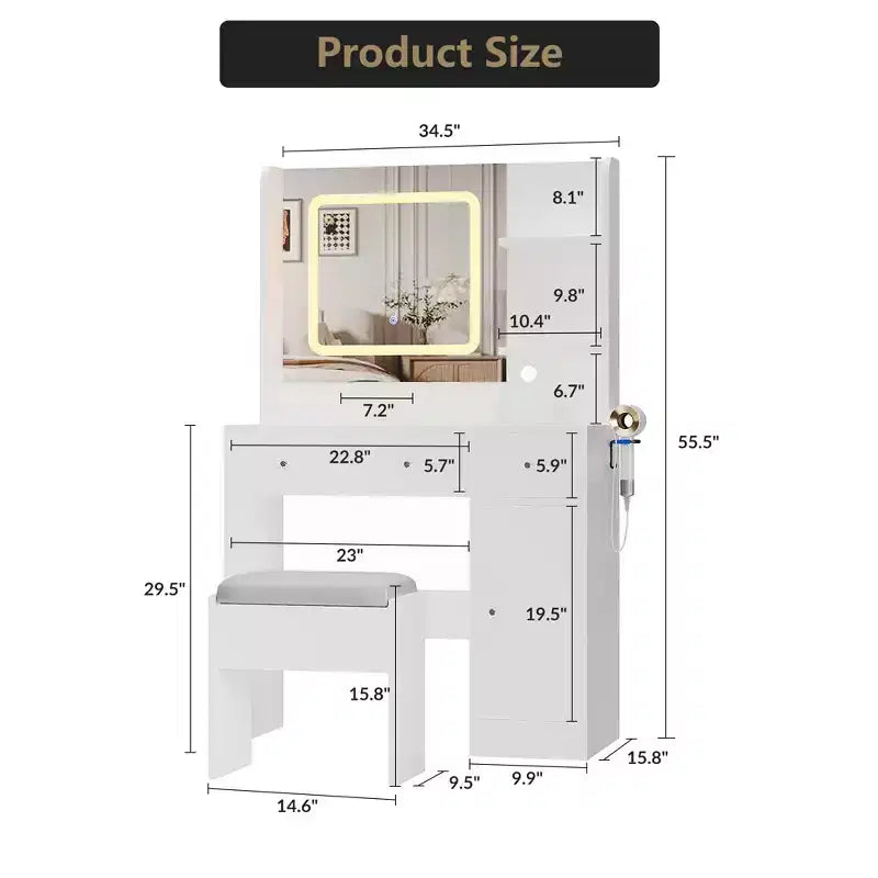 Vanity Desk and Stool with Mirror and LightsMakeup Vanity with Charging Station, Drawers, Storage Shelves for Bedroom