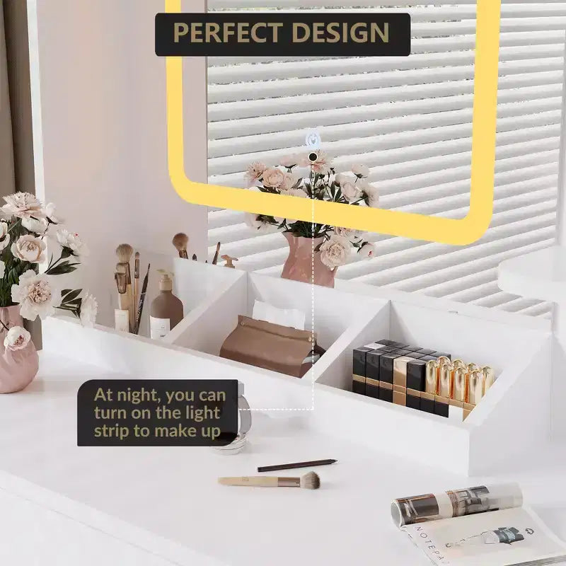 Vanity Desk and Stool with Mirror and LightsMakeup Vanity with Charging Station, Drawers, Storage Shelves for Bedroom