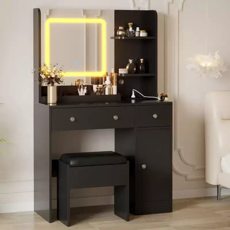Vanity Desk and Stool with Mirror and LightsMakeup Vanity with Charging Station, Drawers, Storage Shelves for Bedroom