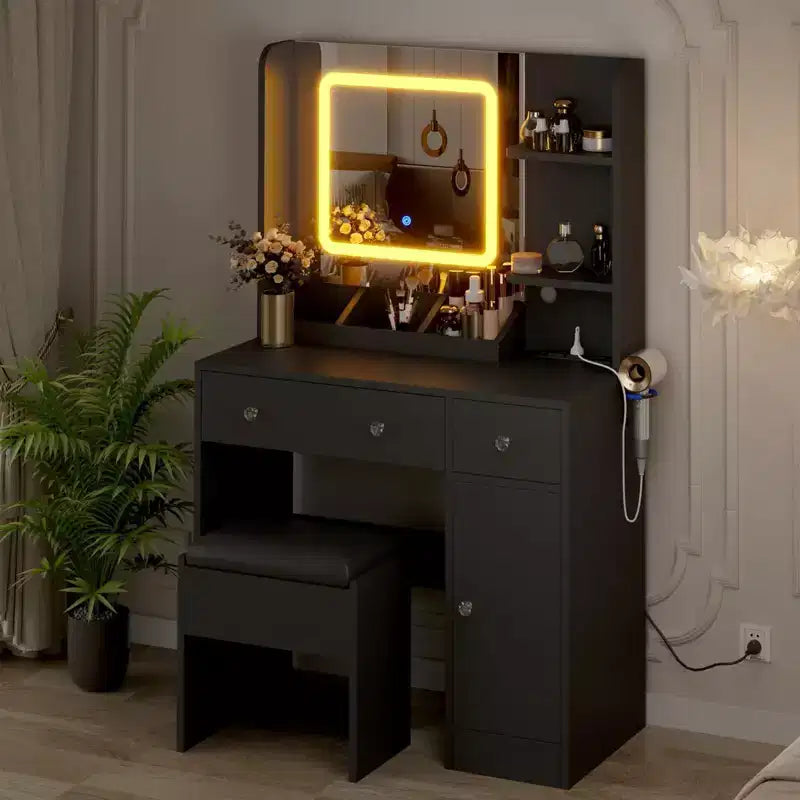 Vanity Desk and Stool with Mirror and LightsMakeup Vanity with Charging Station, Drawers, Storage Shelves for Bedroom