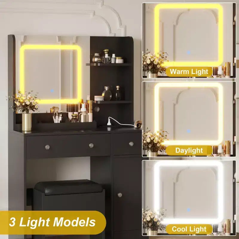 Vanity Desk and Stool with Mirror and LightsMakeup Vanity with Charging Station, Drawers, Storage Shelves for Bedroom