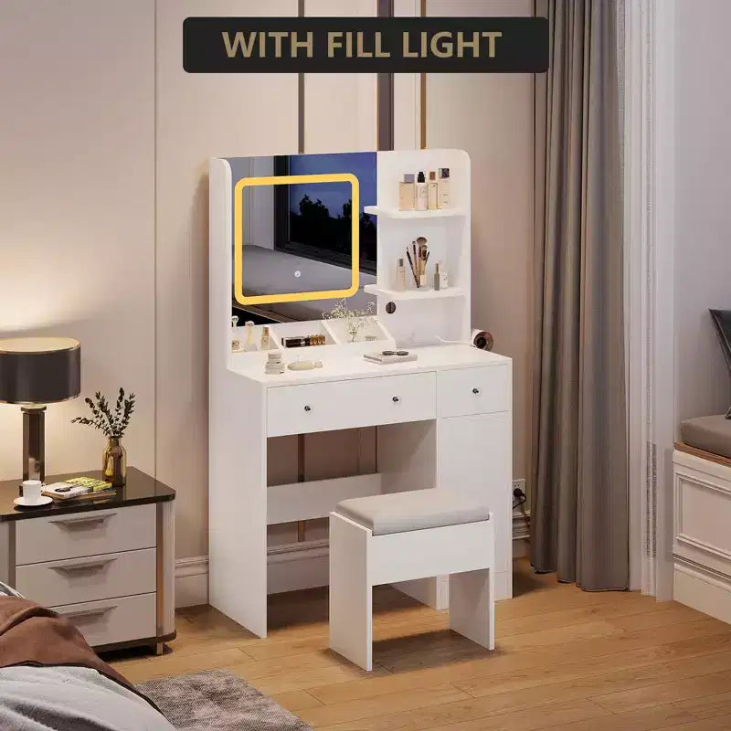 Vanity Desk and Stool with Mirror and LightsMakeup Vanity with Charging Station, Drawers, Storage Shelves for Bedroom