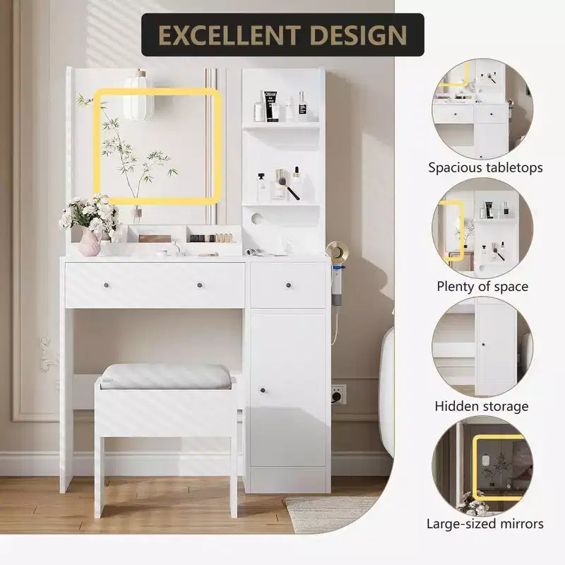 Vanity Desk and Stool with Mirror and LightsMakeup Vanity with Charging Station, Drawers, Storage Shelves for Bedroom