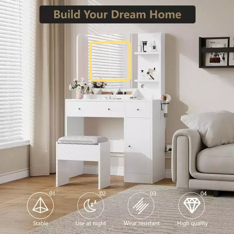 Vanity Desk and Stool with Mirror and LightsMakeup Vanity with Charging Station, Drawers, Storage Shelves for Bedroom