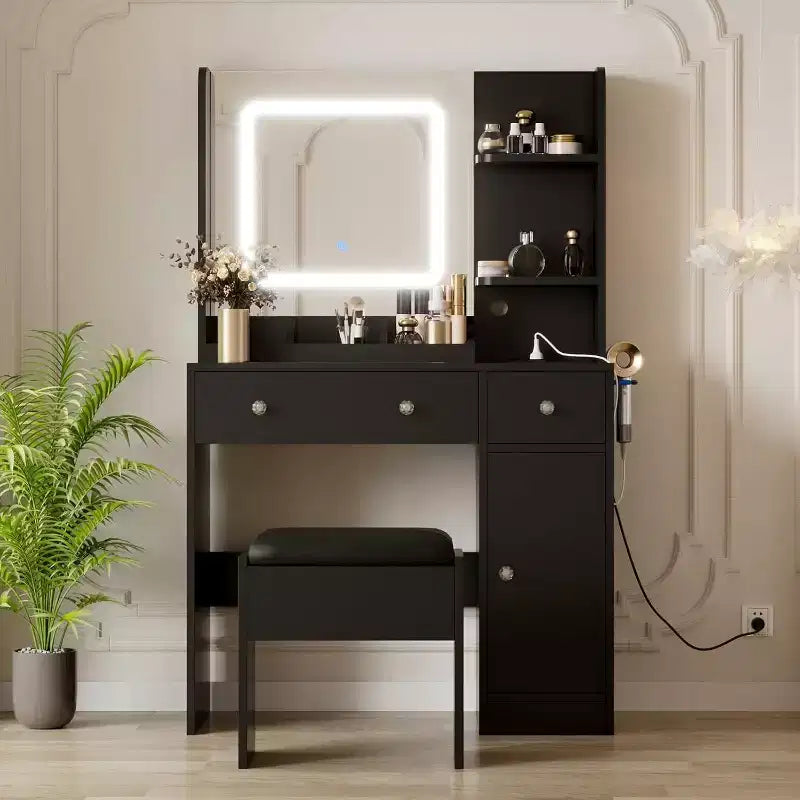 Vanity Desk and Stool with Mirror and LightsMakeup Vanity with Charging Station, Drawers, Storage Shelves for Bedroom