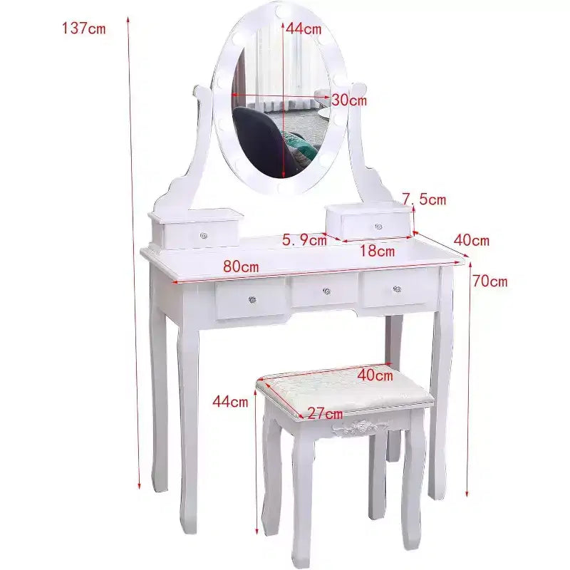 Escritorio de tocador moderno para maquillaje con espejo LED, 5 cajones de almacenamiento, taburete acolchado, diseño convertible y montaje rápido