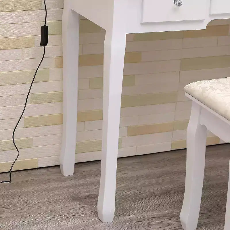 Escritorio de tocador moderno para maquillaje con espejo LED, 5 cajones de almacenamiento, taburete acolchado, diseño convertible y montaje rápido