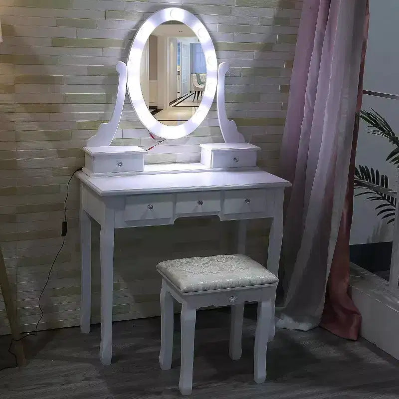 Escritorio de tocador moderno para maquillaje con espejo LED, 5 cajones de almacenamiento, taburete acolchado, diseño convertible y montaje rápido