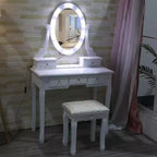 Escritorio de tocador moderno para maquillaje con espejo LED, 5 cajones de almacenamiento, taburete acolchado, diseño convertible y montaje rápido